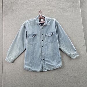 VINTAGE Wolverine Men Button Up Shirt L Blue 90s Denim Fleece Blanket Lined